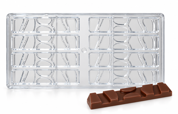 24g geometric finger polycarbonate chocolate mold with eight cavities in four rows of two and a matching chocolate bar with raised geometric relief.