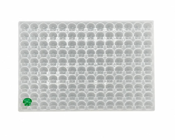 Horizontal view of 3.5mL mushroom gummy mold with 140 cavities and emerald green gummy