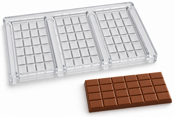98g 24-piece polycarbonate chocolate bar mold with three upright cavities, each in six rows of four, and a matching twenty-four-piece chocolate bar.