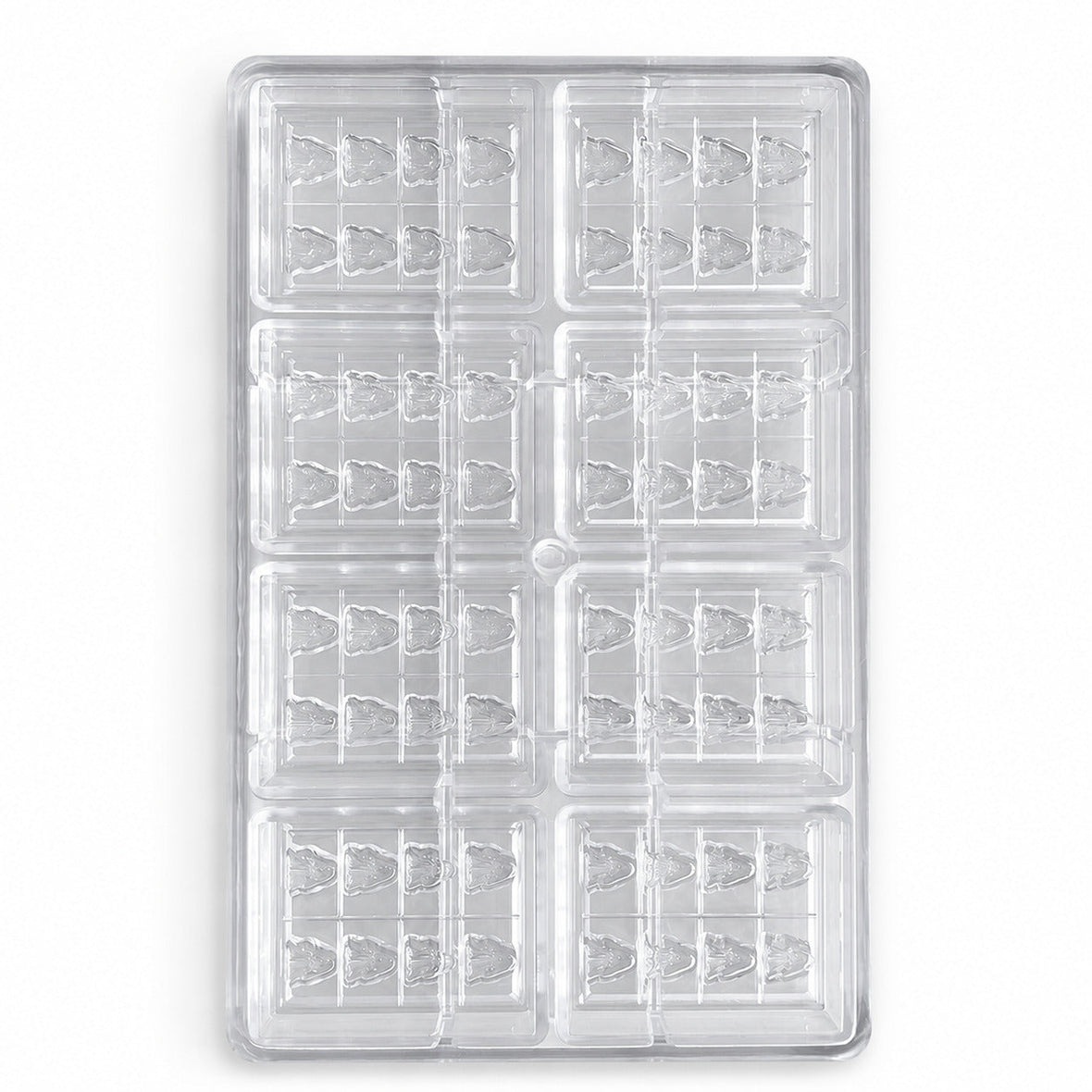 Clear custom polycarbonate chocolate mold with 64 tree-shaped cavities